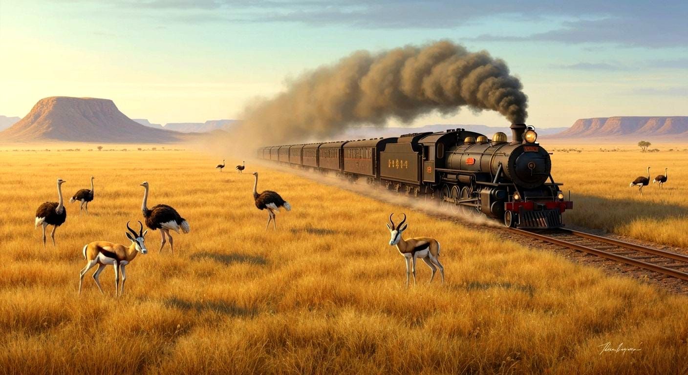 Vintage Train in Karoo Winter Landscape Painting