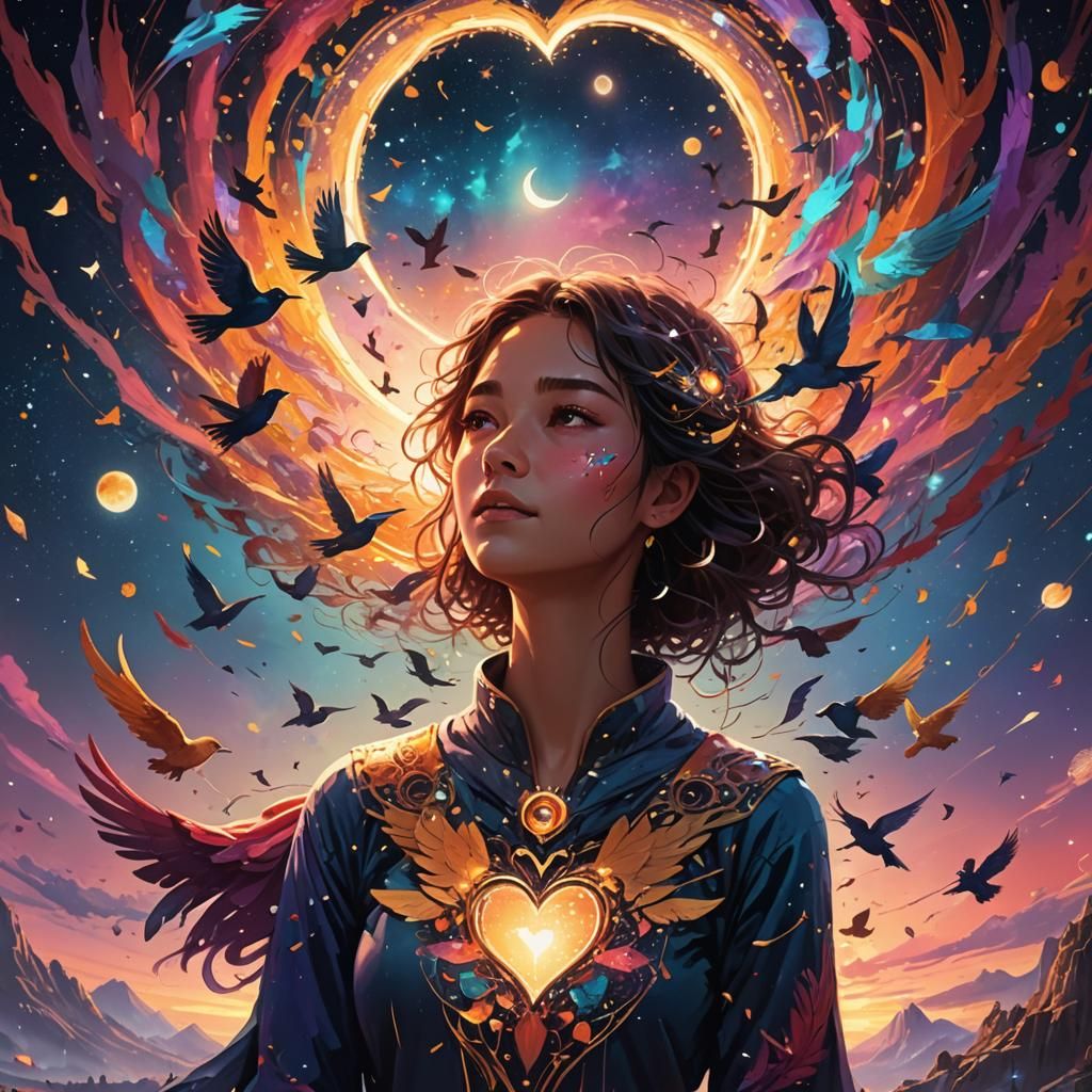 Birds Form Heart Around Person Gazing at Moon