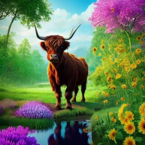 Highland Cow with Sunflower by Farm Pond