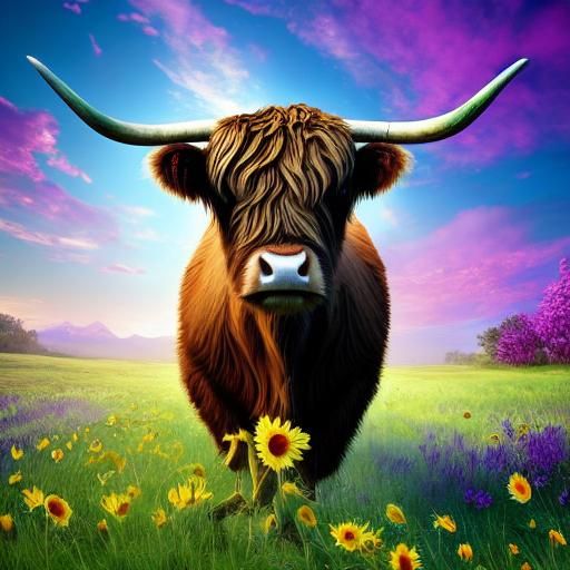 Highland Cow with Sunflower in Pixar Style