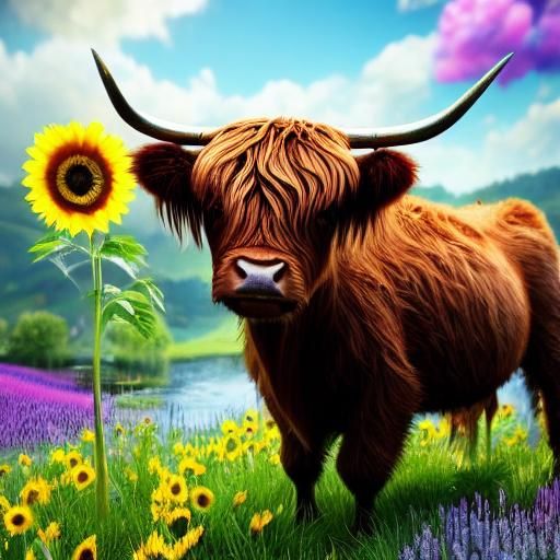 Highland Cow with Sunflower near Pond in 3D Style