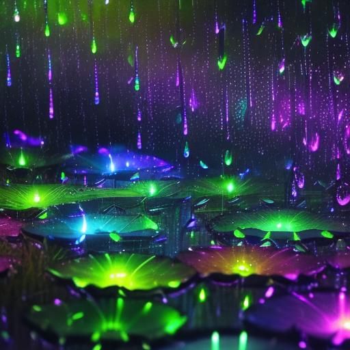 Neon Raindrops in a Fantasy Pond