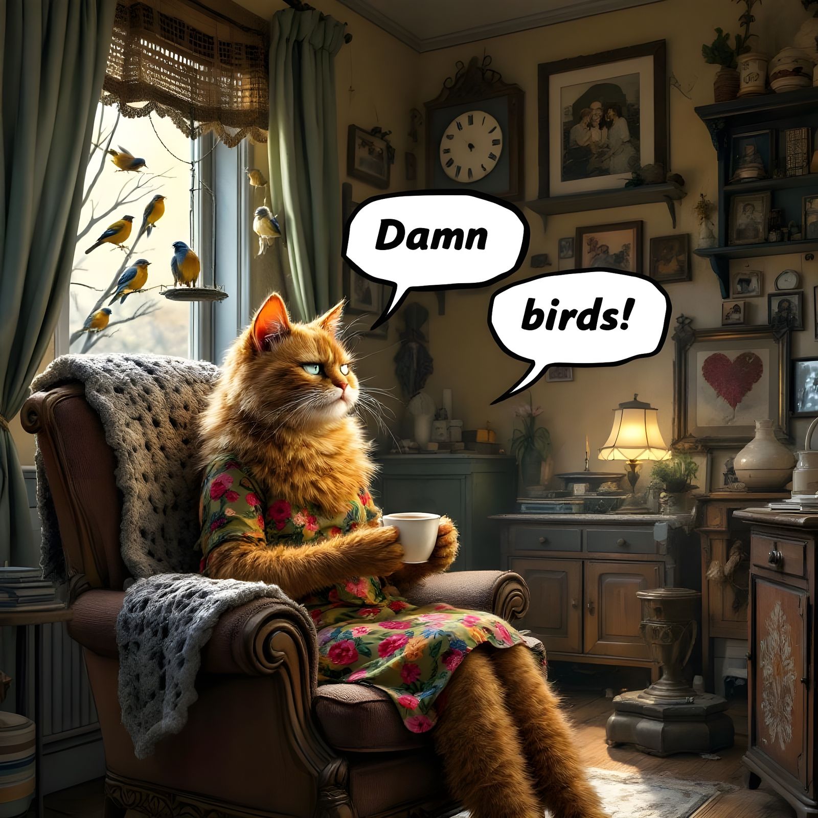 Annoyed Cat Lady in Comic Style Hates Birds