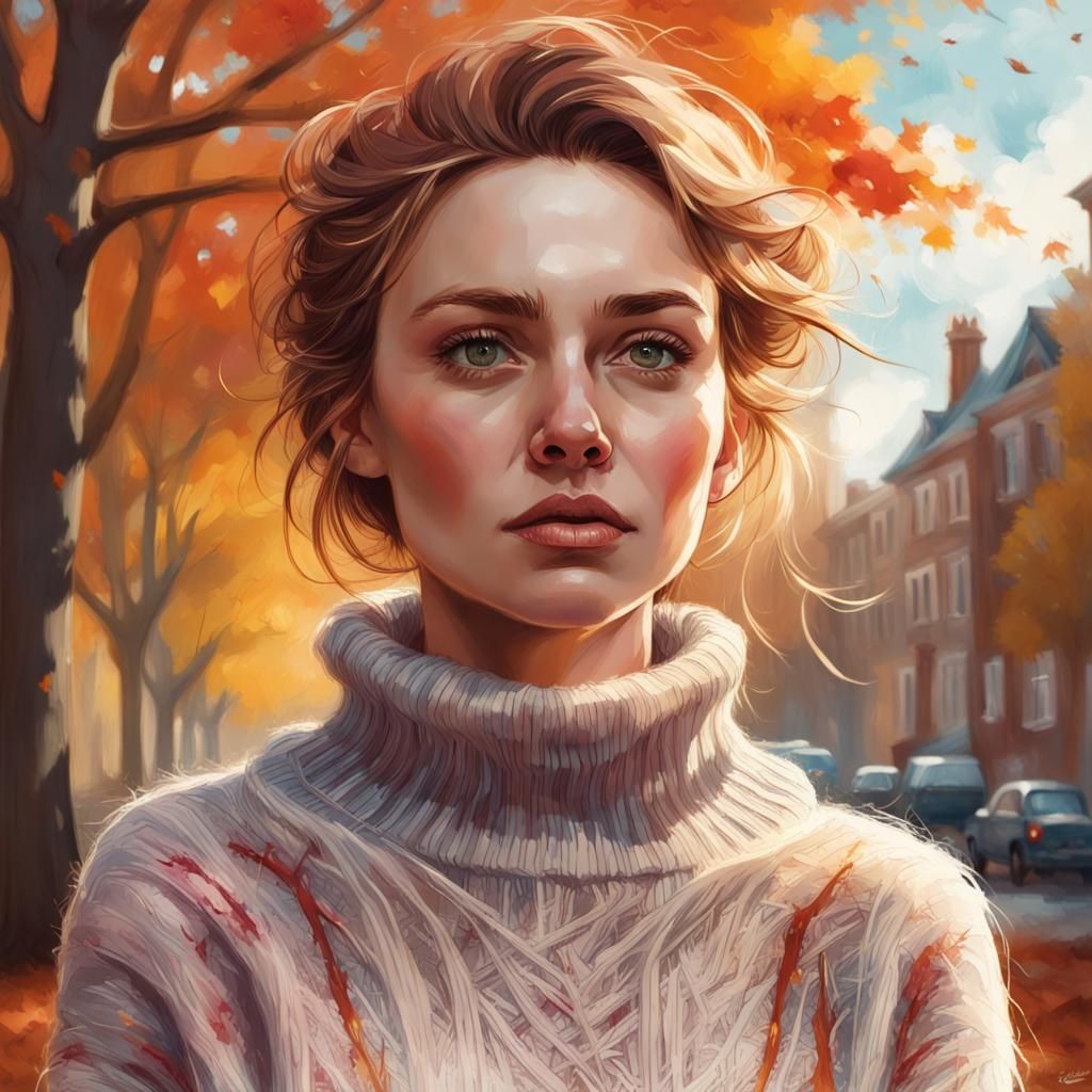 Gorgeous Woman in Autumn Portrait, Digital Illustration