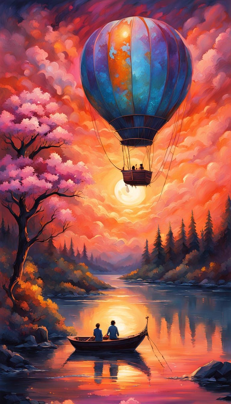 Woodland Creature in Hot Air Balloon over Fantasy Lakeside