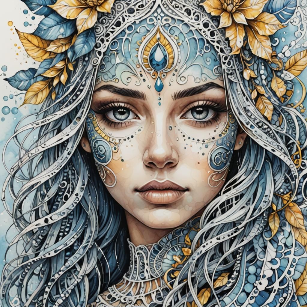 Zentangle Portrait of a Woman in Watercolor Style