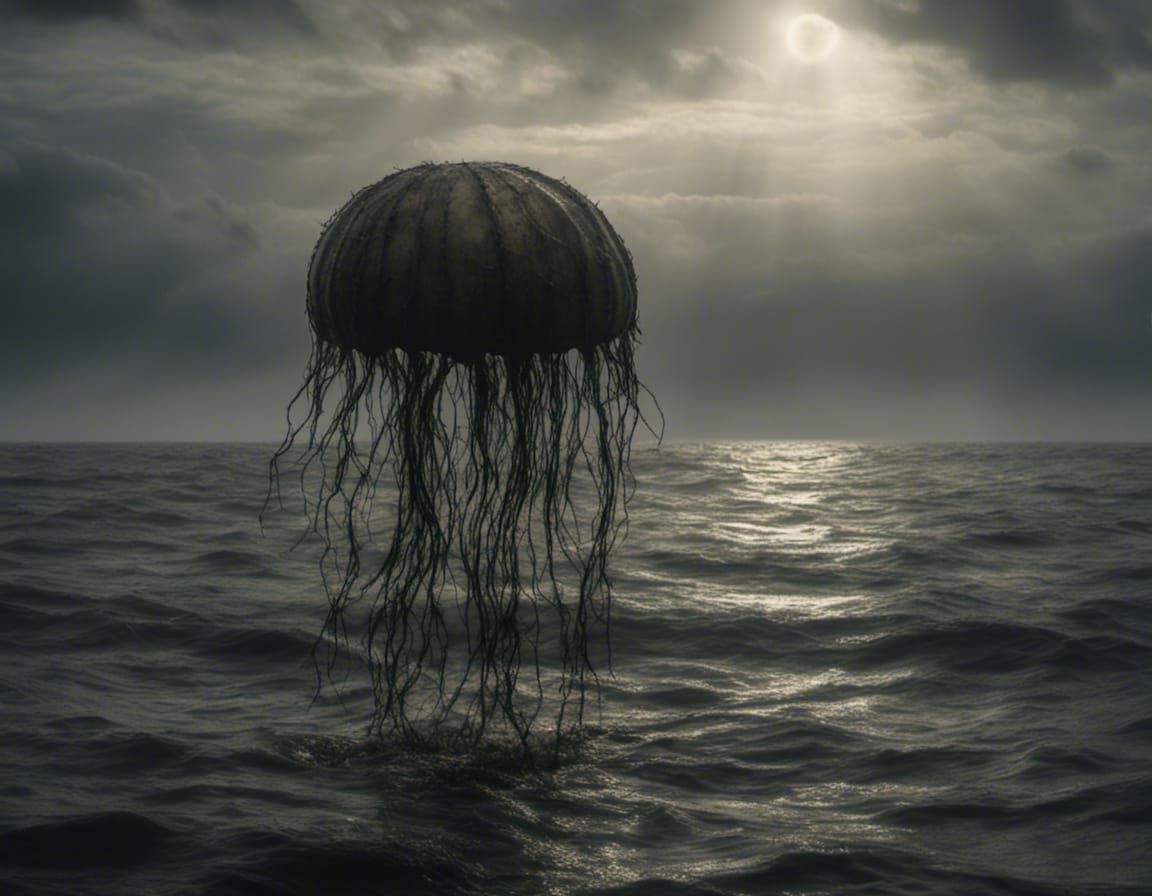 Jellyfish in Sunlight Breaking Through Dark Waters