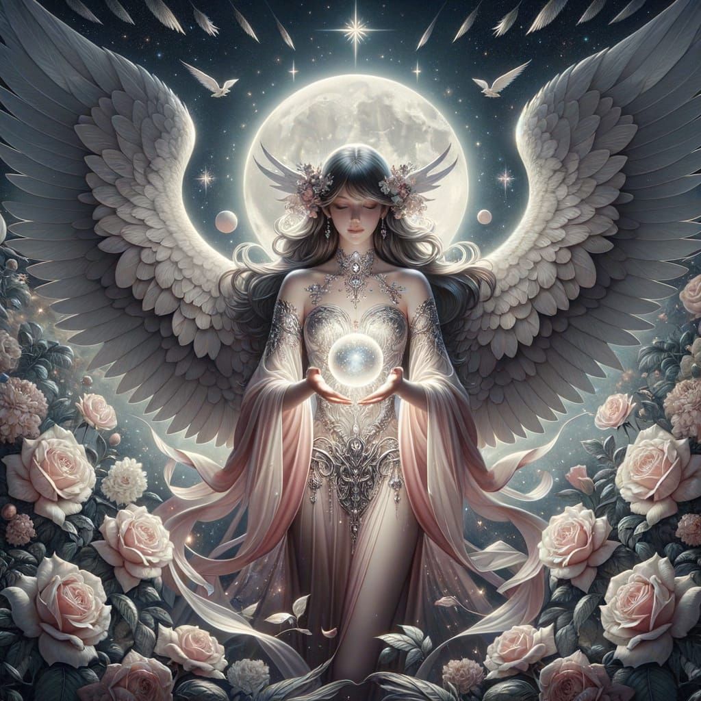 Archangel Anael in Moonlight with Roses and Stars
