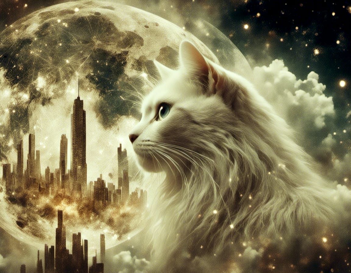 Luminous Cat Portrait Holding City