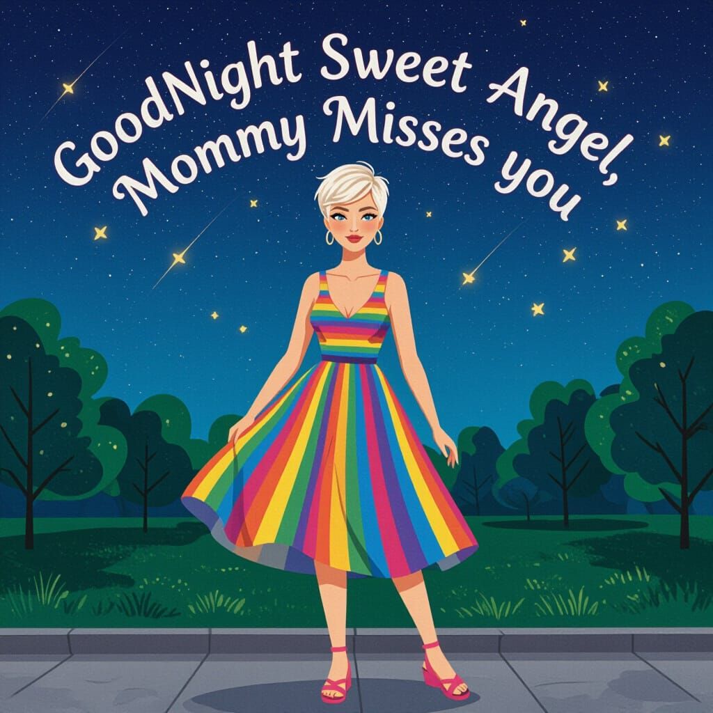 Woman Under Falling Stars in Whimsical Style