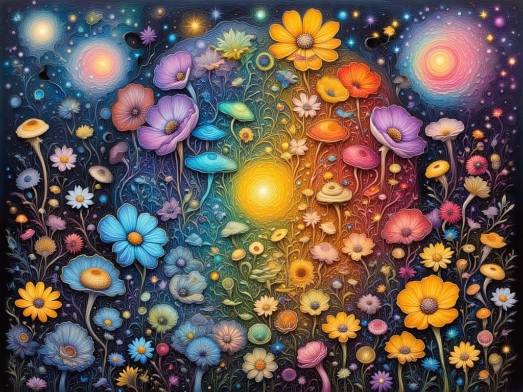 Fantasy Collage of Flowers and Night Sky
