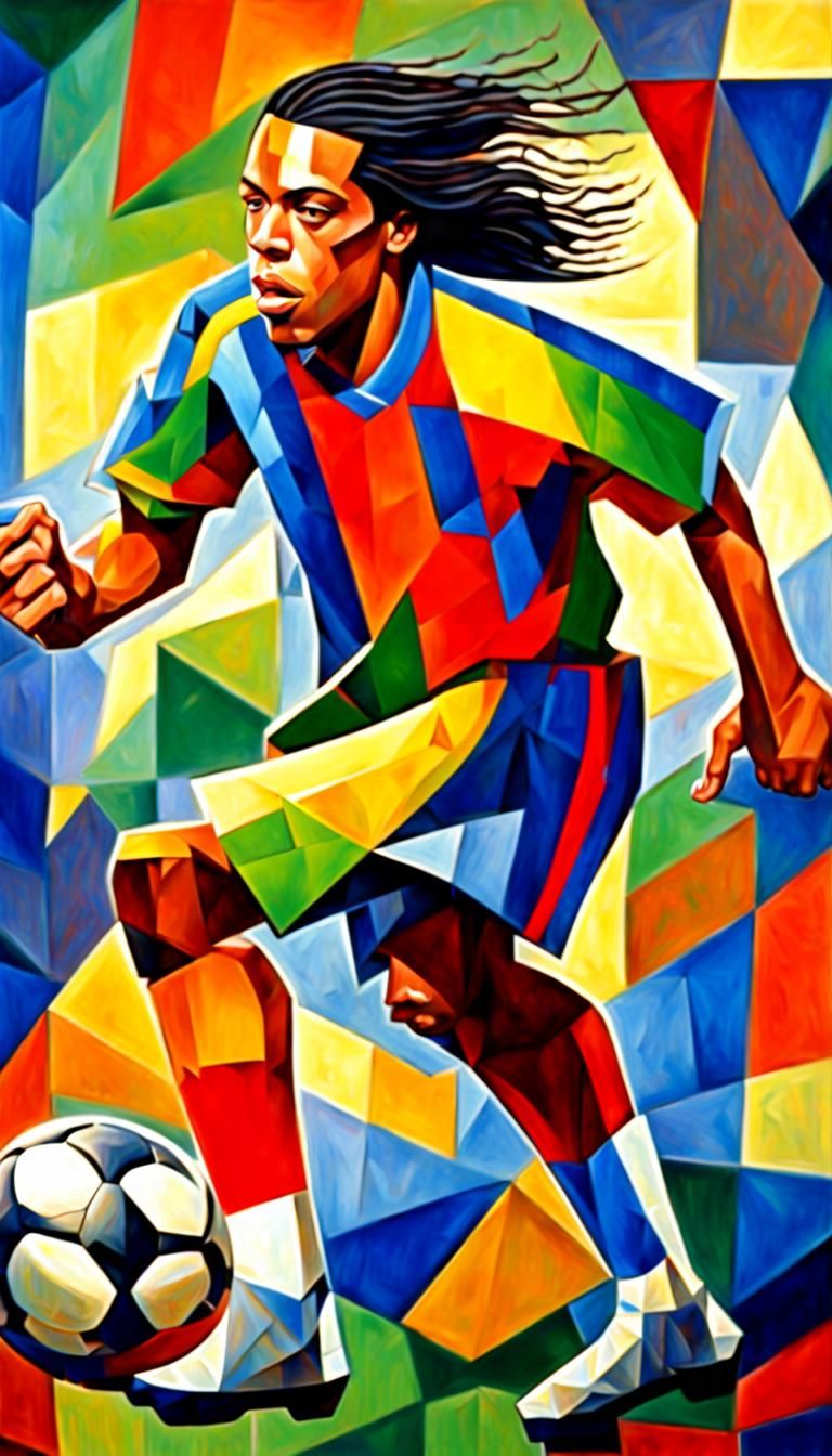 Soccer Player Scores Goal in Abstract Cubist Style