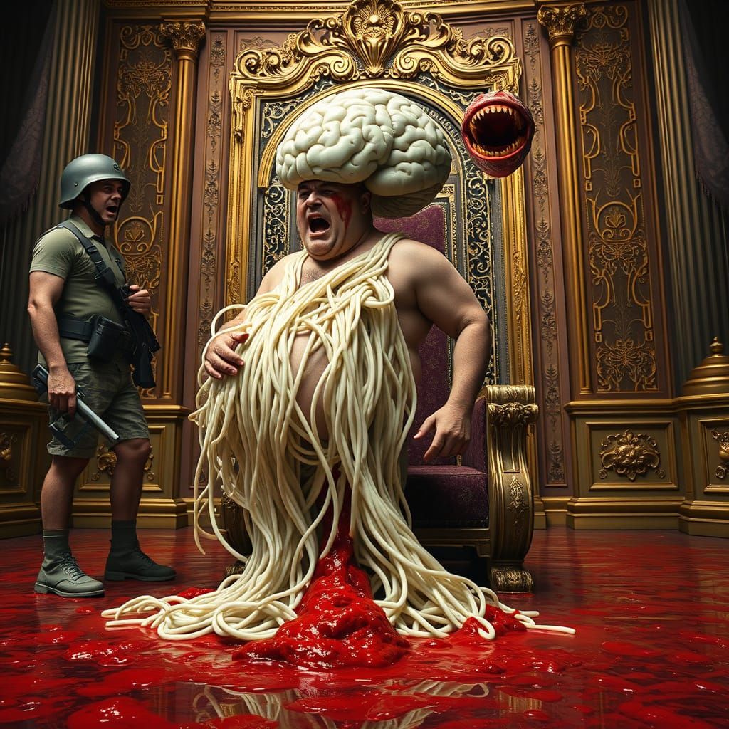 Irate Soldier with Noodles in Biomechanical Throne Room