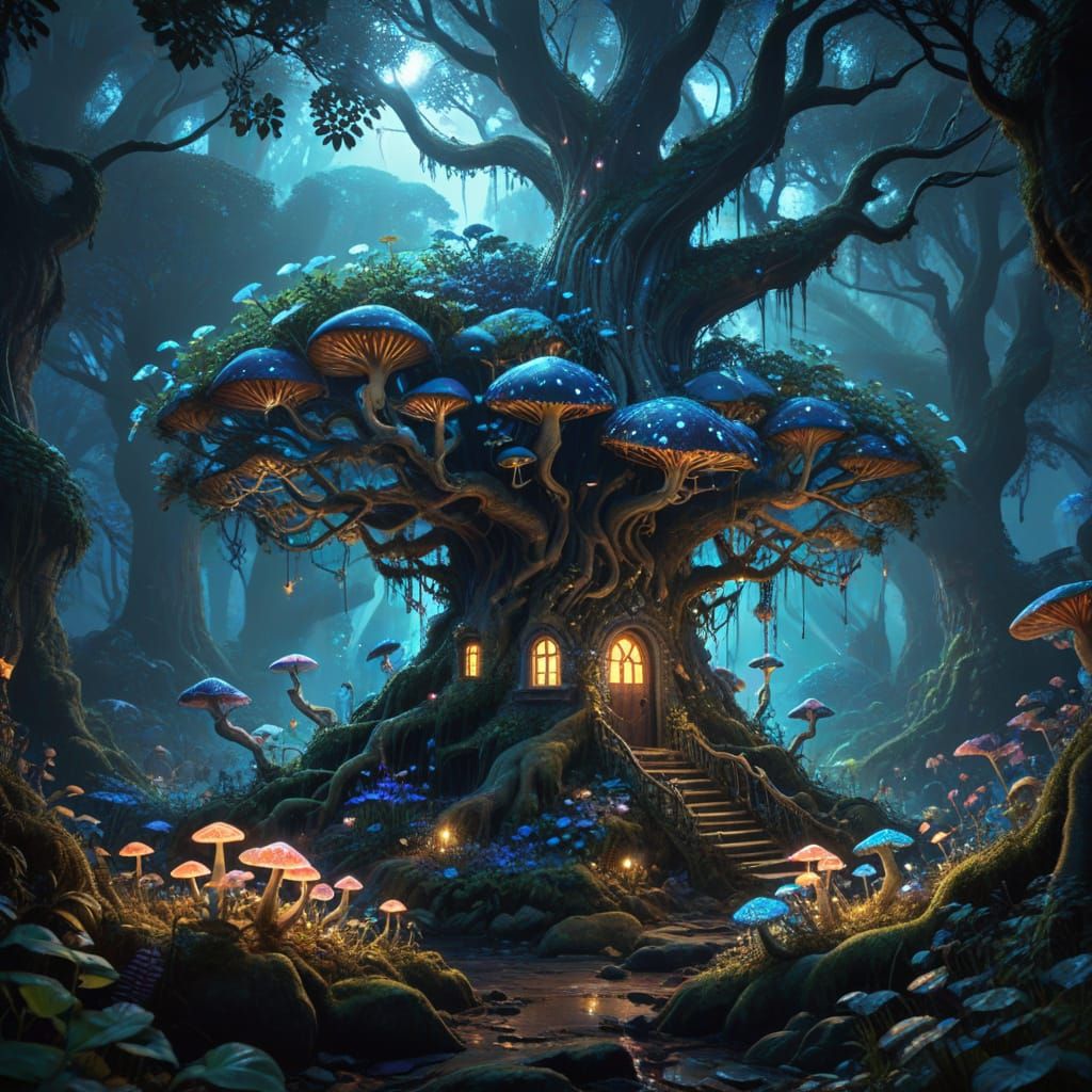 Mystical Forest with Magical Creatures and Bioluminescent Fl...