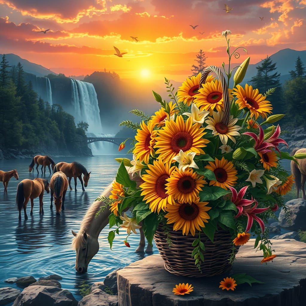 Surreal Sunset Scene with Waterfall, Horses, and Vibrant Flo...