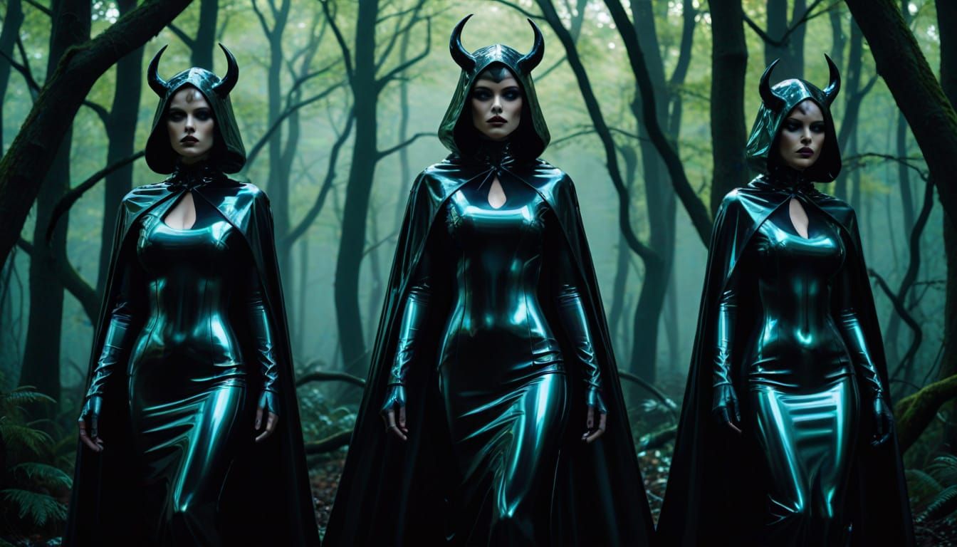 Sisters in Shimmering Latex Witches' Attire Pose in Dark For...