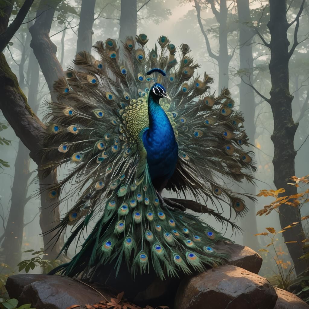 Smoky Peacock Display in Foggy Forest