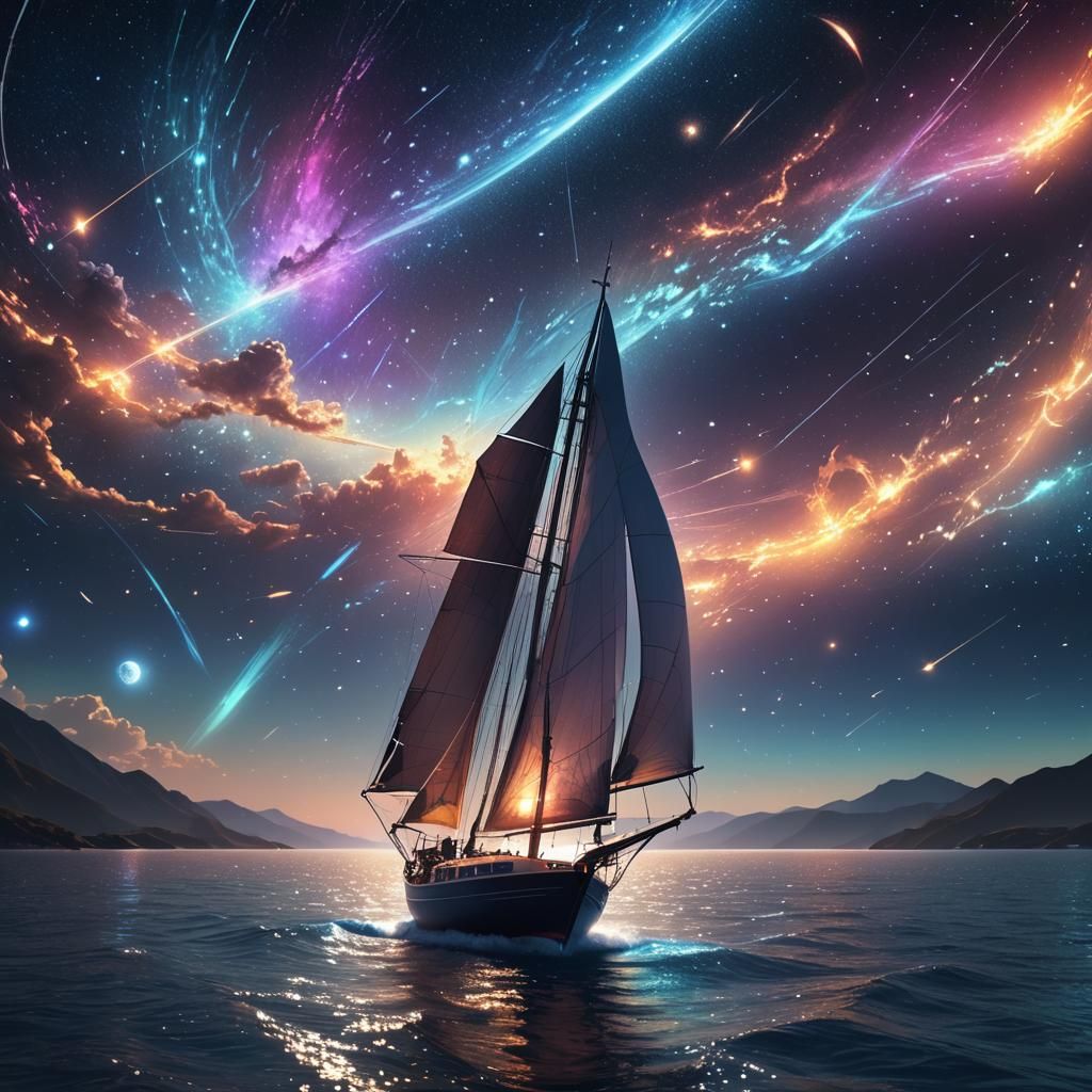 Sailboat Glides Through Starry Night Sky in 3D
