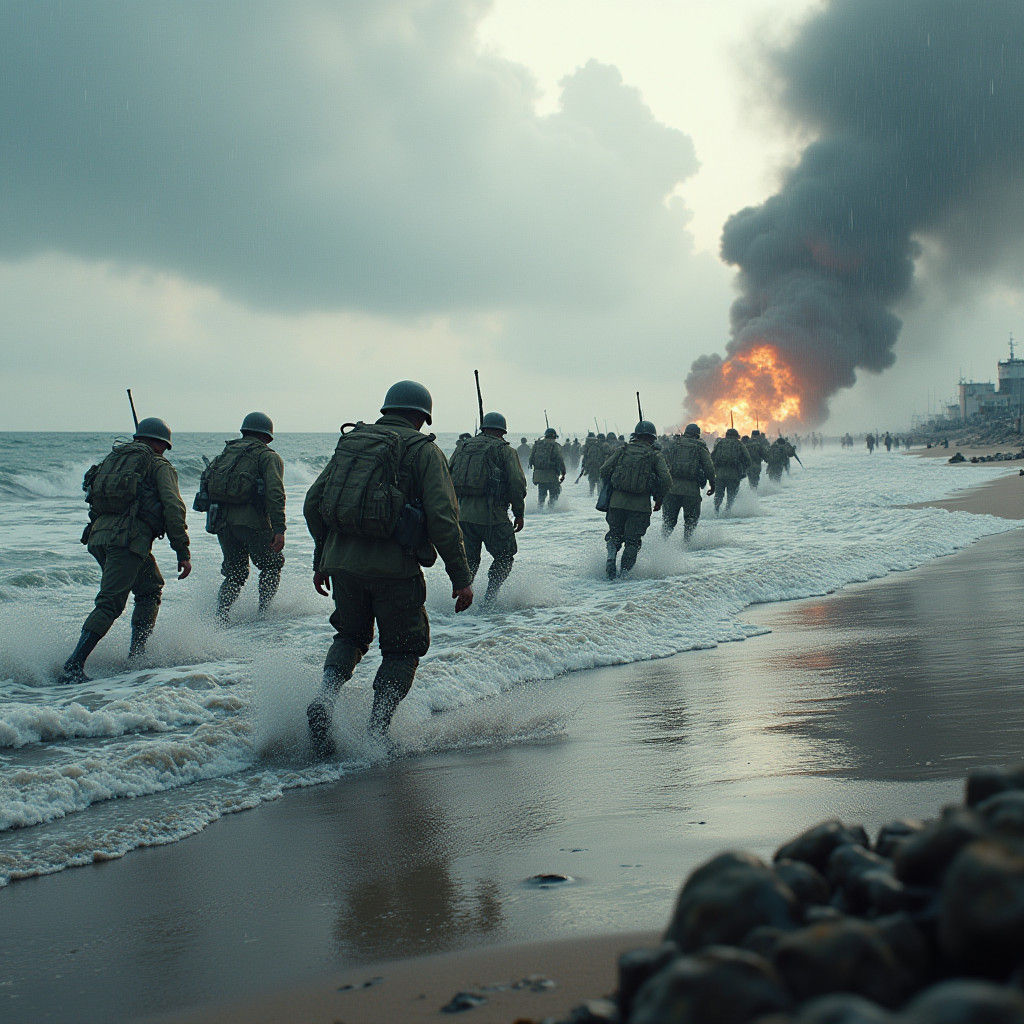 D-Day Landing: Allied Soldiers on Normandy Beach
