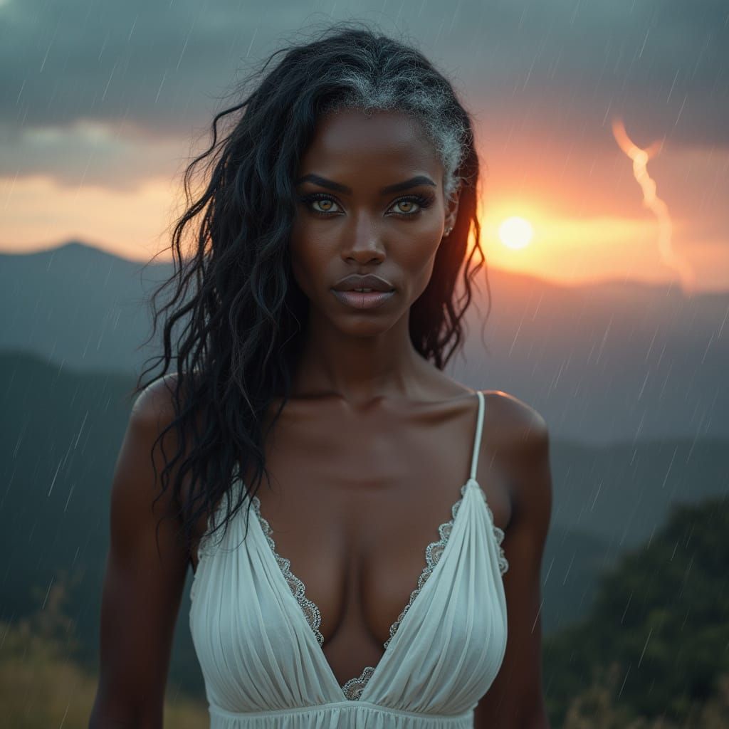 Determined Black Woman Faces Thunderstorm at Sunrise