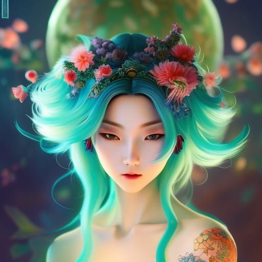 Insanely hyperdetailed close-up of a girl with teal hair and a shy delicate expression with a turquoise flower crown hol...