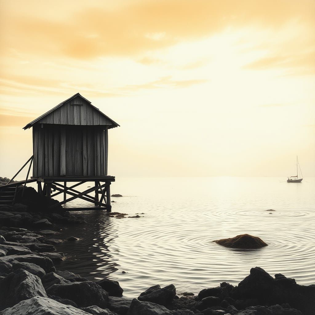 Rustic Fishing Hut on Serene Shoreline in Warm Patina