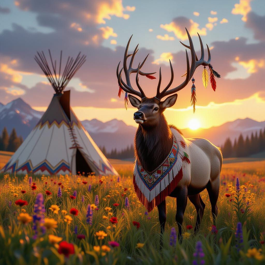 Regal Elk in Meadow at Sunset