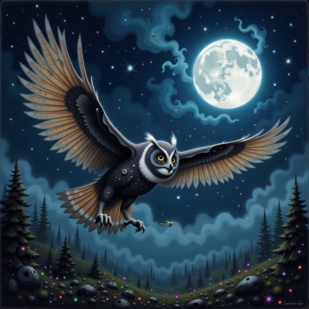 Night Owl Swooping Under Indigo Moon