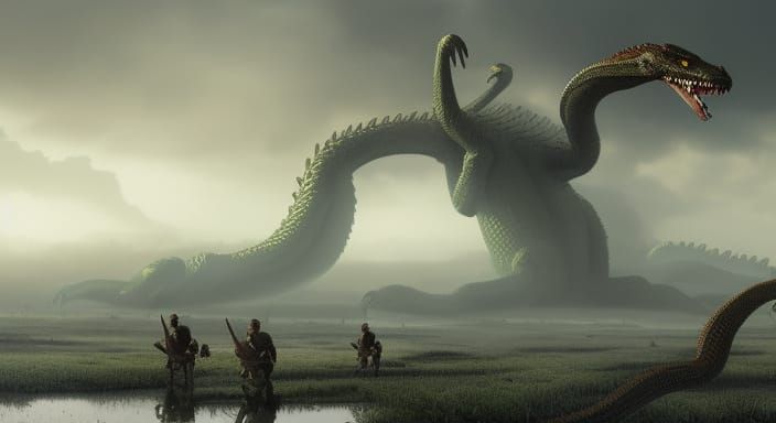 Seven-Headed Hydra in Foggy Marsh: Digital Matte Painting