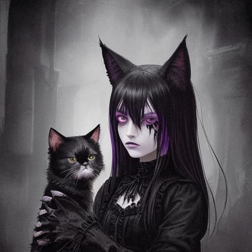 Gothic Cat-Eared Woman in Neon Alley