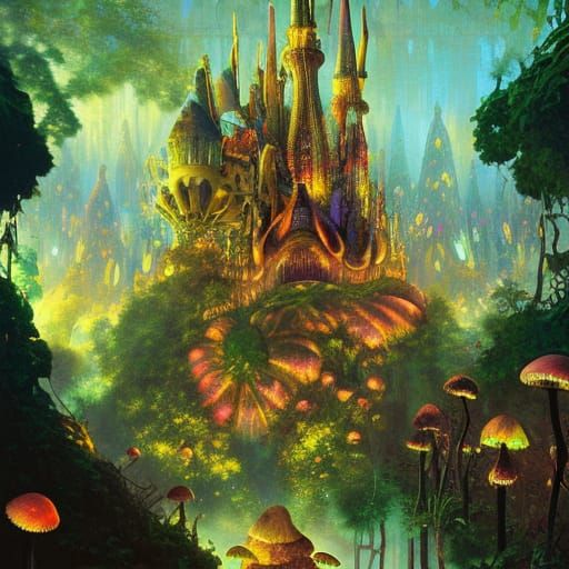 Luminescent Mushroom Castle in Psychedelic Jungle