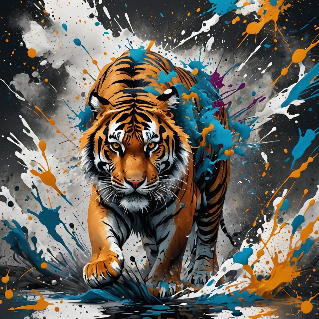Ink Splatter Art Tiger: Detailed Fantasy Painting