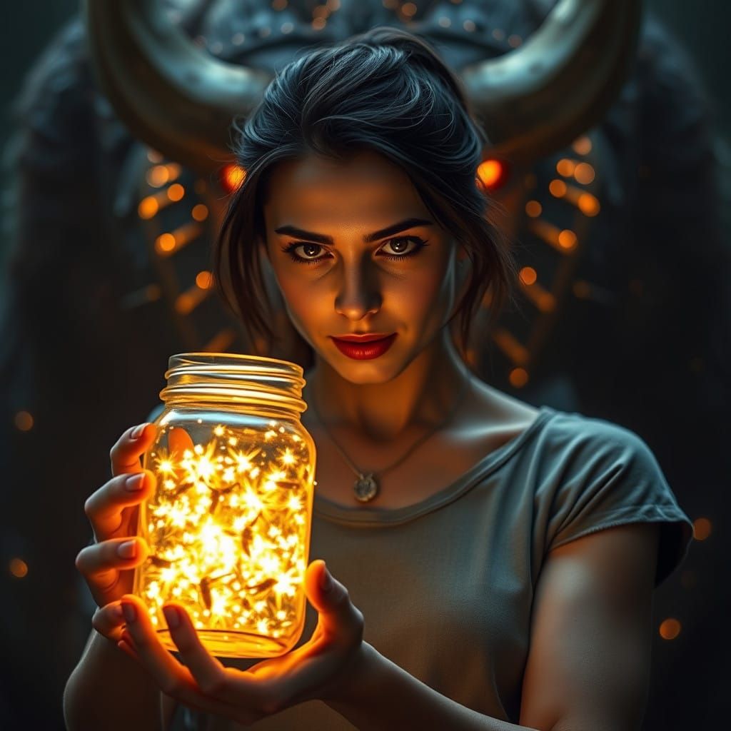 Fearless Woman Encircled by Beastly Dark Majesty, in Golden...