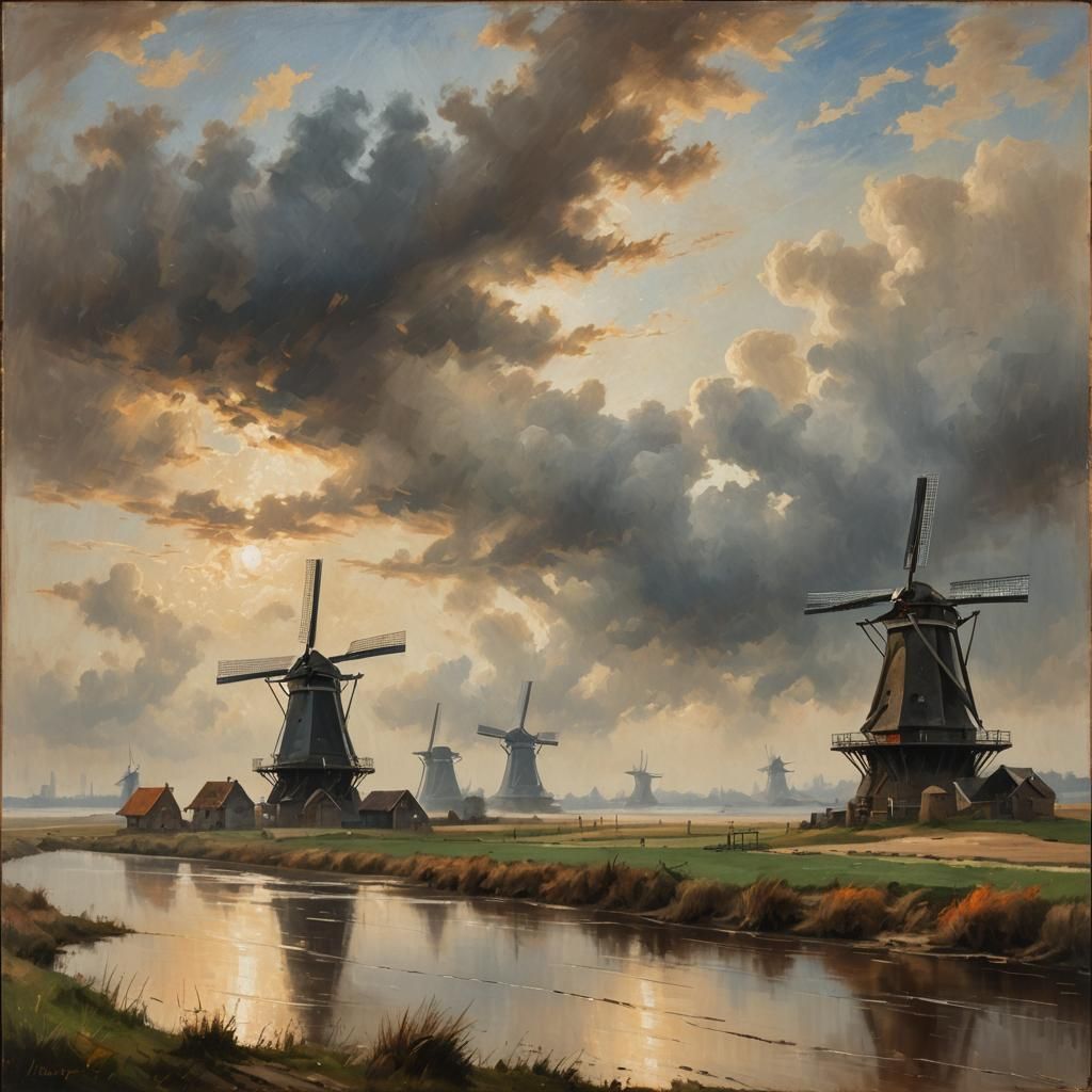 Windmills along a dike in South Holland.as low clouds scud across the sky.