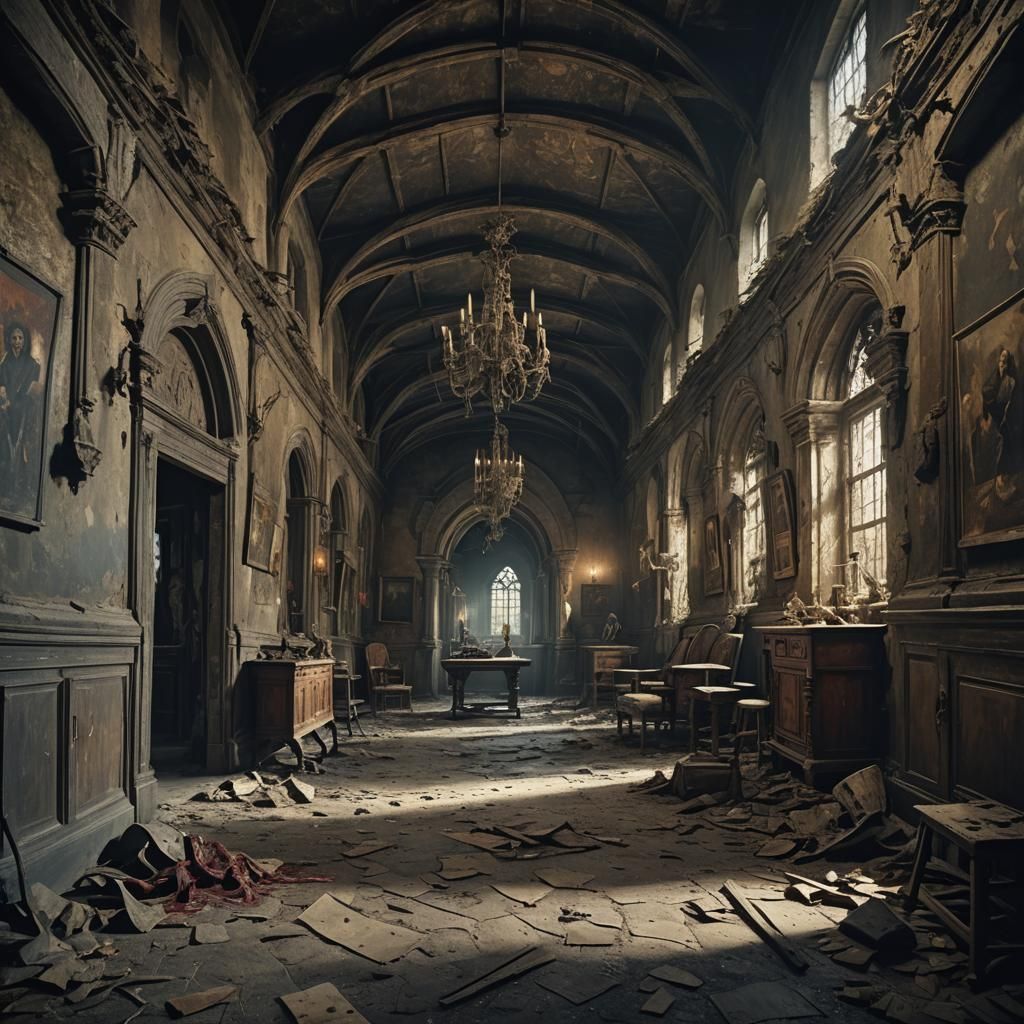 Zombies in Dark Castle Hall: Digital Matte Painting