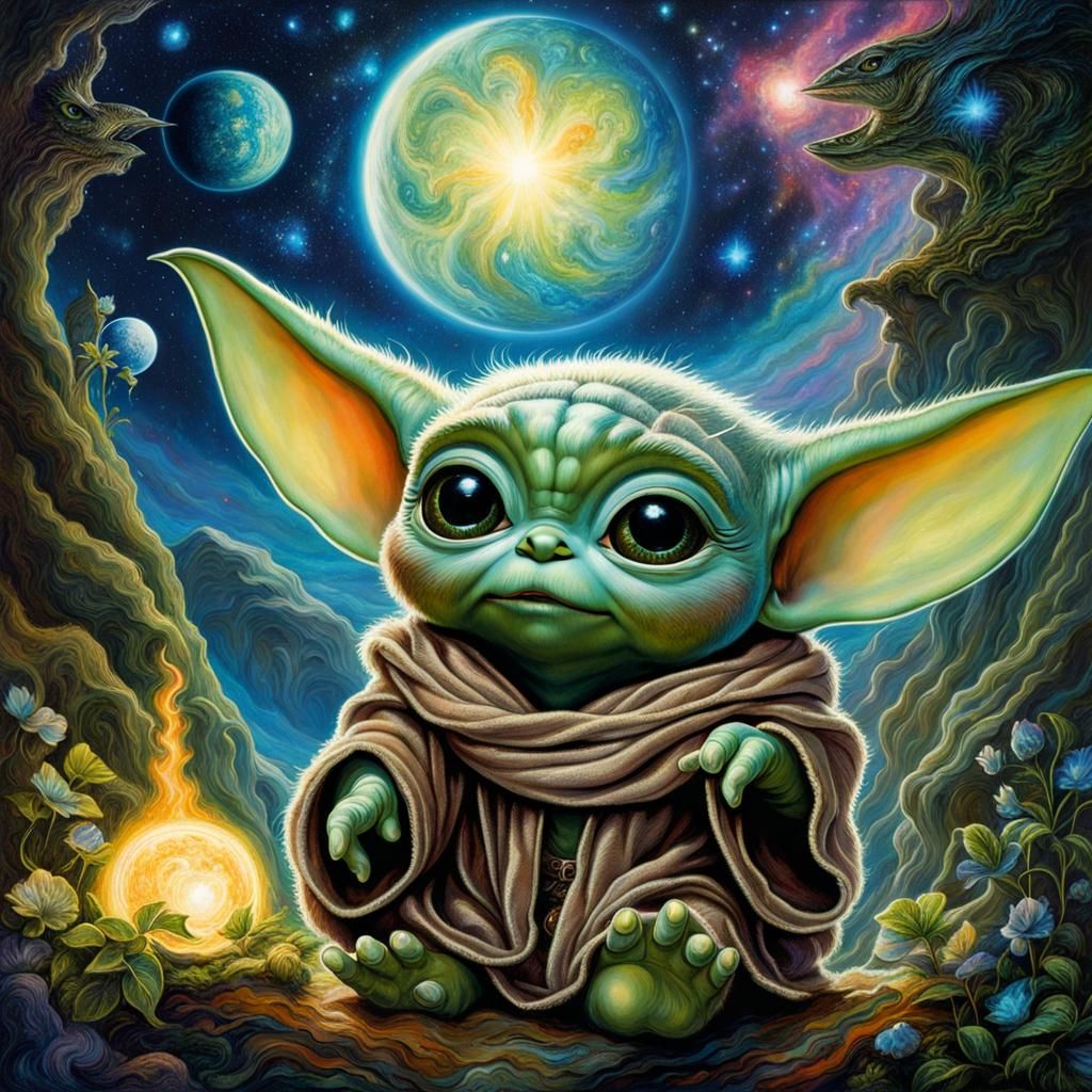 Baby Yoda and Skywalkers in Cosmic Fantasy Art