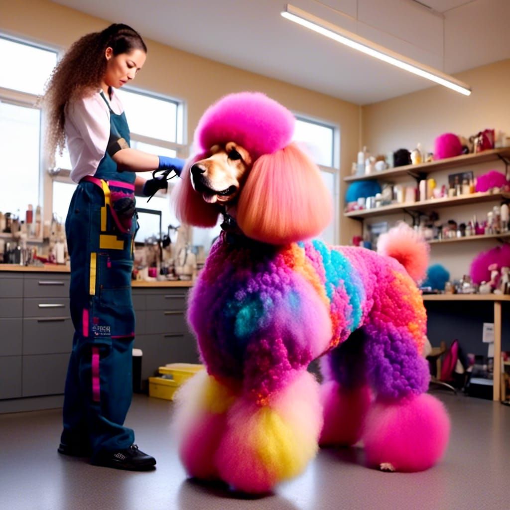 Groomer Styling Colorful Giant Poodle with Flair