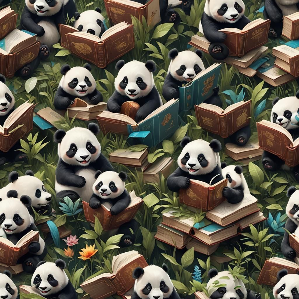 Pandas Emerge from Book: Detailed Fantasy Art