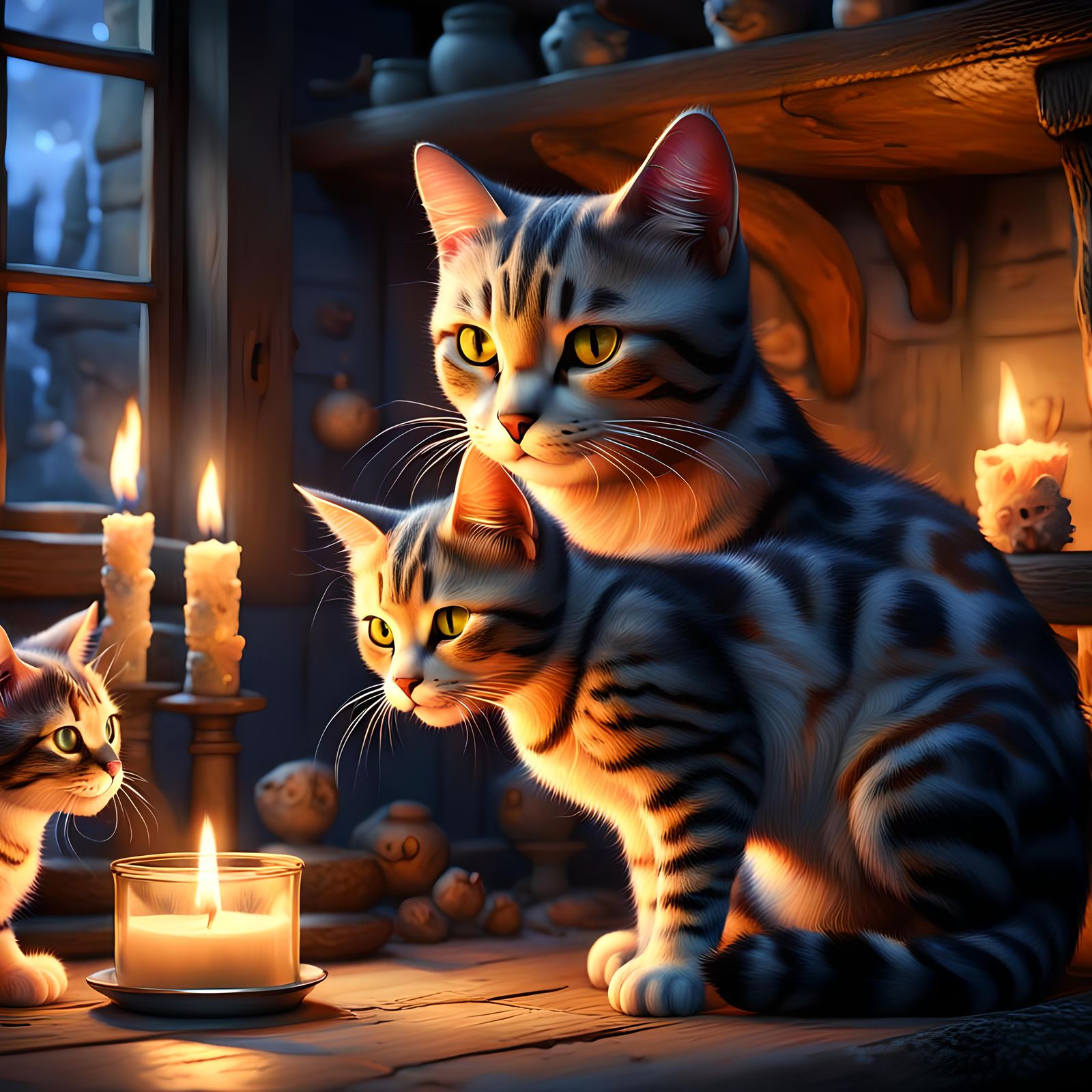 Mother Cat Cleans Kitten in Detailed Matte Painting
