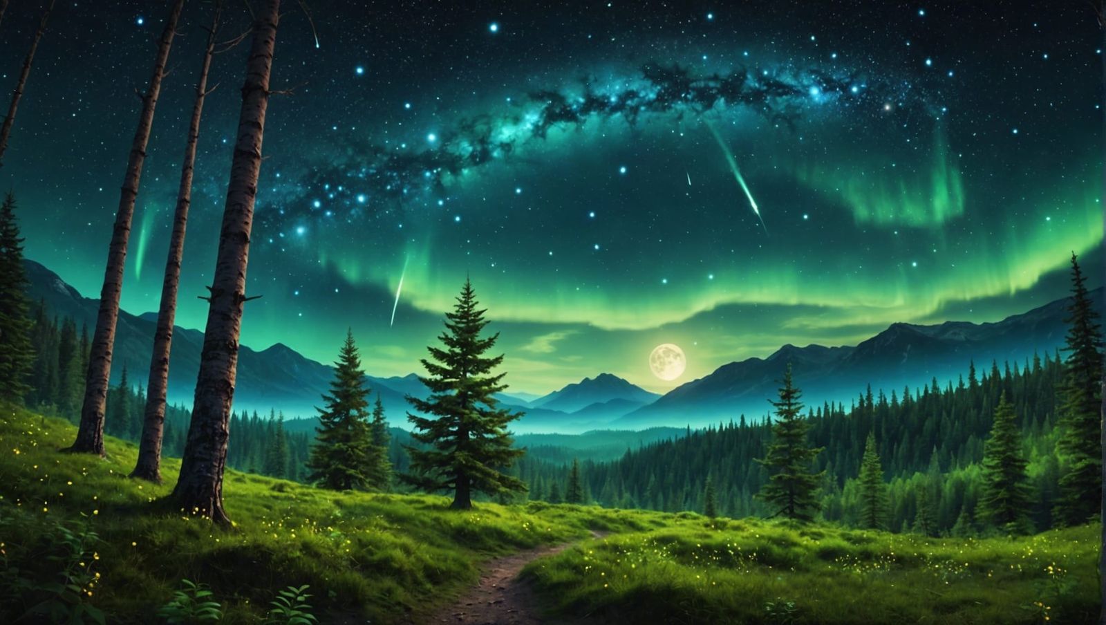 Enchanted Forest with Fireflies and Northern Lights