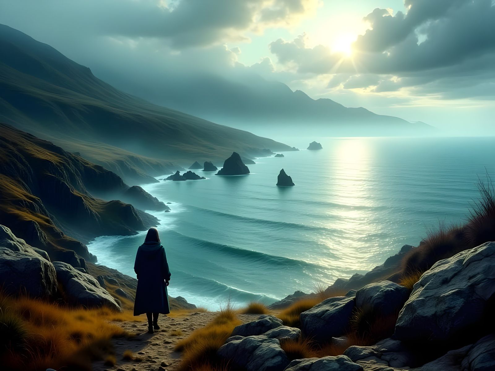 Vintage Pulp Art: Mysterious Figure on Hillside Trail