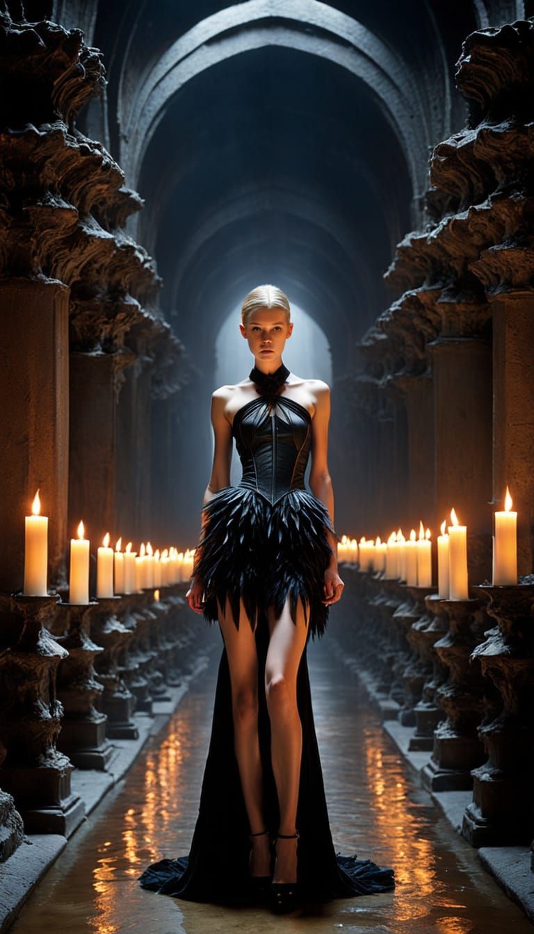 Eerie Baroque Figure in Candlelit Catacombs