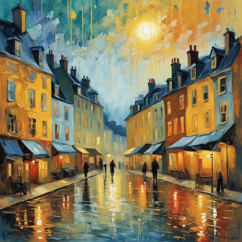 Cozy Town Melts in Golden Rain: Neo-Impressionist Oil Painti...