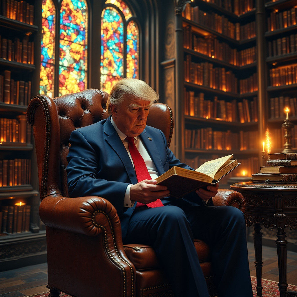 Donald Trump Reading in Mystical Library