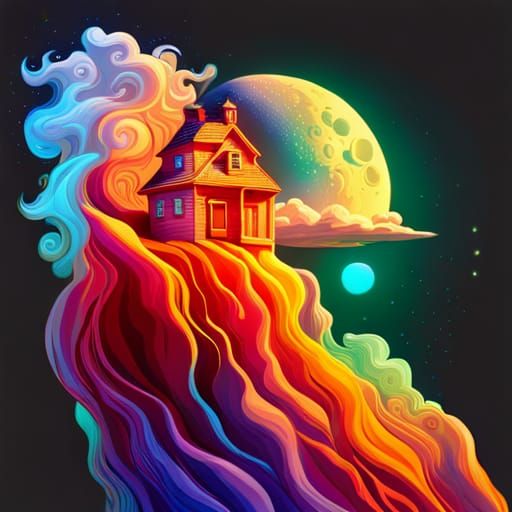 House in a Bottle: Cosmic Synthwave Digital Art