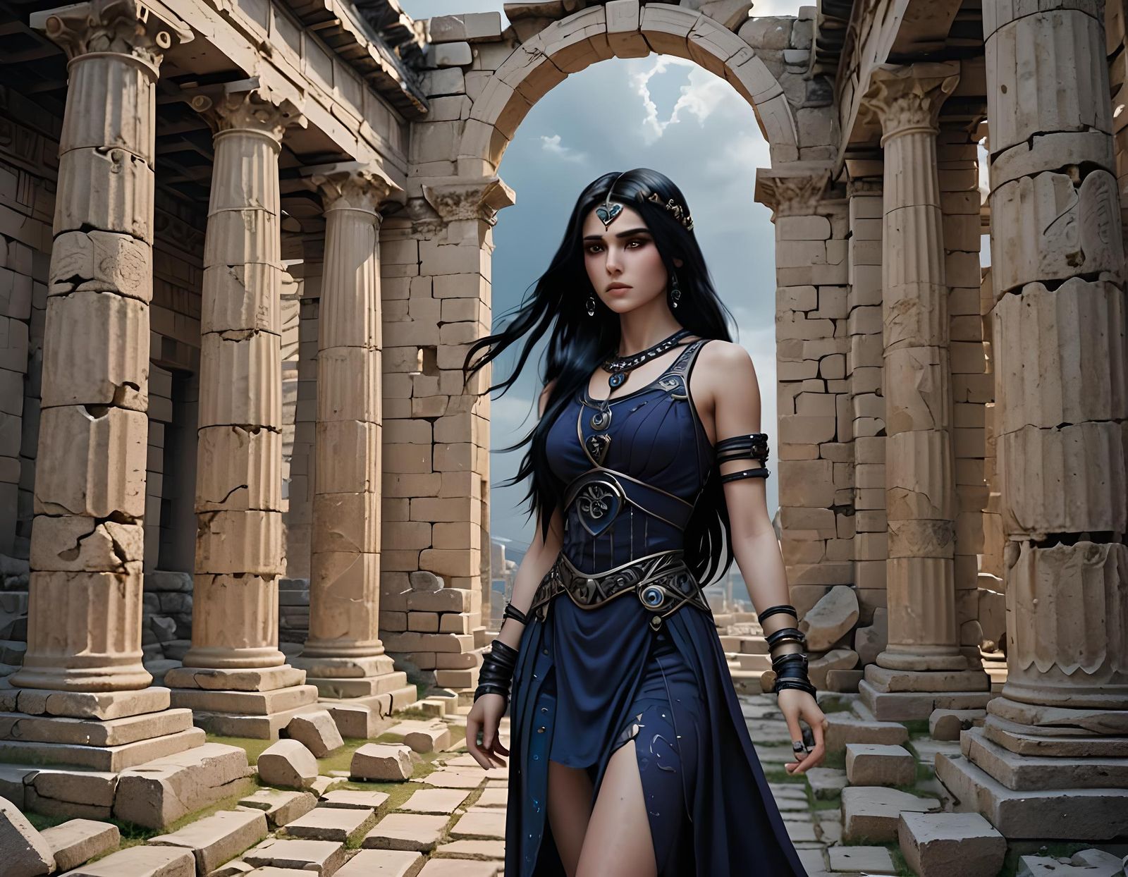 Heroine in Gothic Dress at Ancient Temple Portal