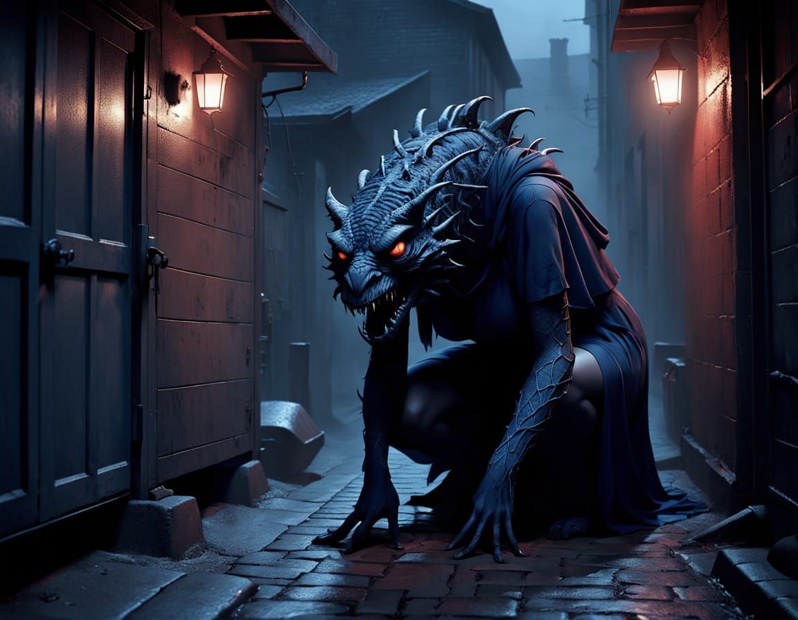 blue monster in an alley