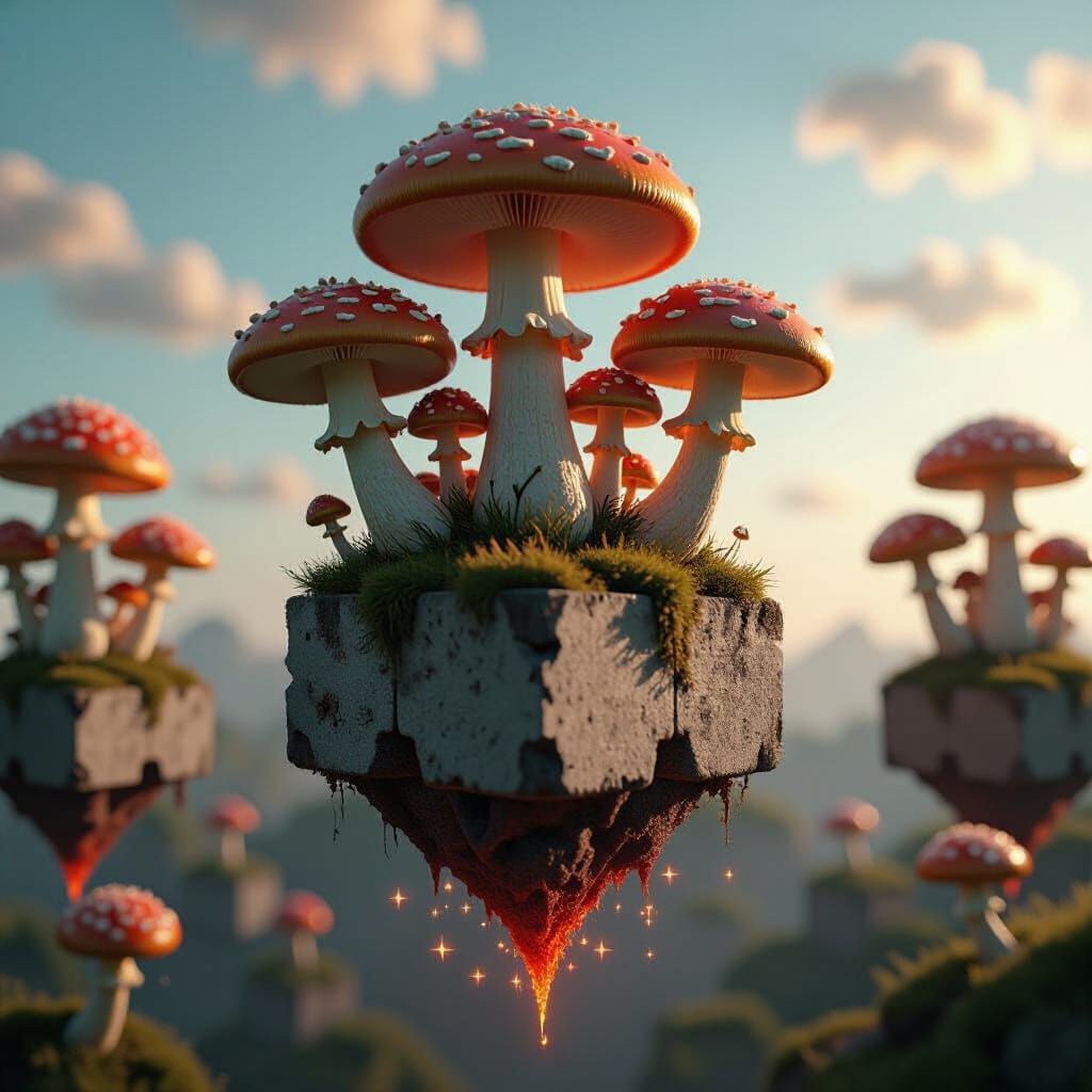 Grotesque Mushrooms Erupting from Floating Cube: 3D Render