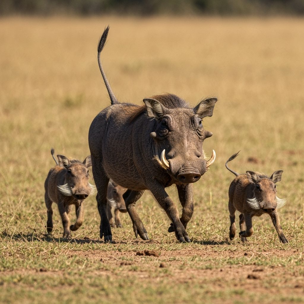 Warthog Family Charging Through the Savannah