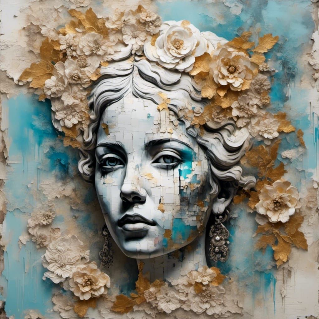 Abstract Farmhouse Landscape with Flowers and Dramatic Sky